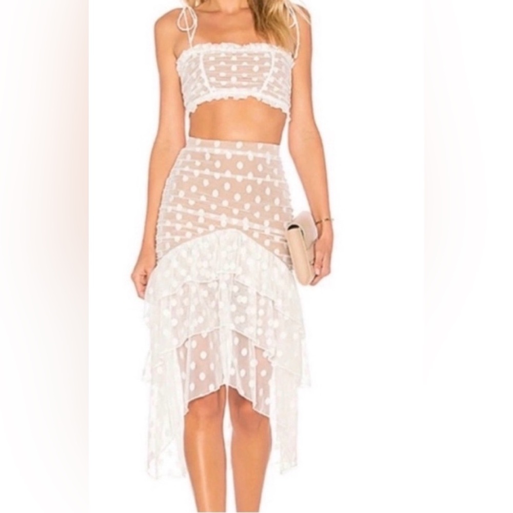 MAJORELLE White Polka Dot Asymmetrical Skirt and Top